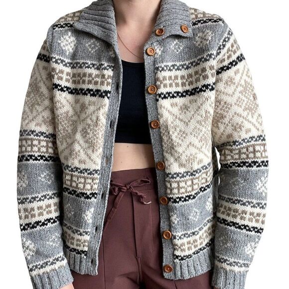 Vintage 90s Womens Eddie Bauer Fair Isle Nordic Lambswool Hippy Cardigan Sz M - Picture 5 of 8